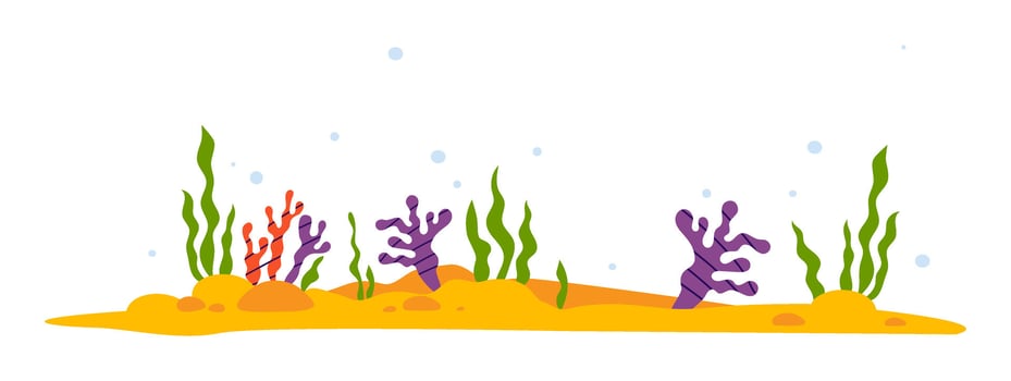 Tropical Sea Plants, seaweed and Coral on sandy seabed. Isolated underwater landscape on white. illustration vector