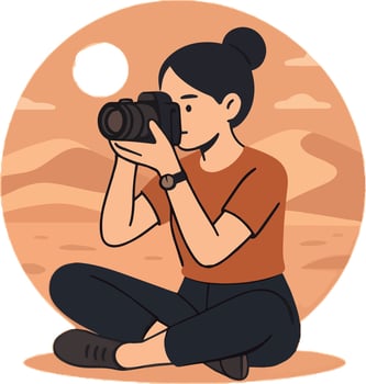 a woman holding a camera in the desert vector