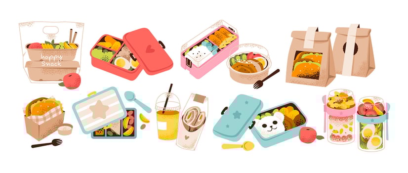 Healthy lunchbox with bento food. Takeaway food in a lunchbox. Homemade portable lunch set. School meals, kids snacks, zero-waste lifestyle concept. Flat illustration. vector