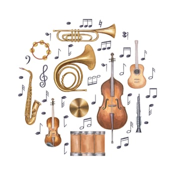 Watercolor circle composition with guitar, saxophone, violin, and other musical instruments with floating notes. Music illustration. For jazz festival posters, orchestra branding, music school decor vector