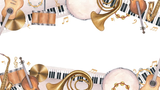 Watercolor musical instruments and notes border with copy space for text. Woodwind, percussion, string instrument illustration isolated background For music invitation, event program in vintage style vector