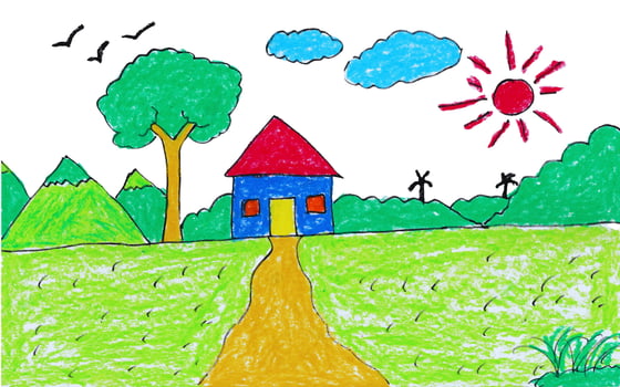 Colorful childlike crayon landscape drawing. Hand-drawn nature scene illustration featuring a house with a path, trees, mountains, sun, and clouds. Cute pencil texture art for educational materials vector
