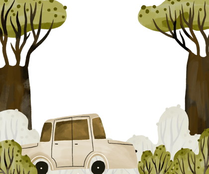 Baby card template with green forest, houses, car. Fairy forest greeting card. Watercolor design. Village design png