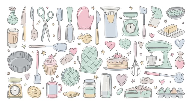 Collection of Kitchen Utensils Tools and Baking Ingredients in Soft Pastel Colors vector