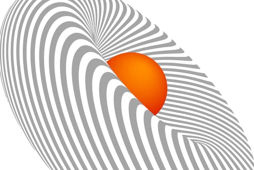 Abstract optical illusion with wavy gray lines and vibrant orange sun on a white background. Futuristic geometric design with surreal depth effect, flowing curves, and modern minimalism. vector