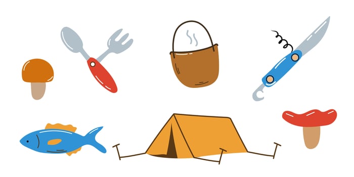Hiking set with tent, mushrooms, fish. Campfire elements. vector