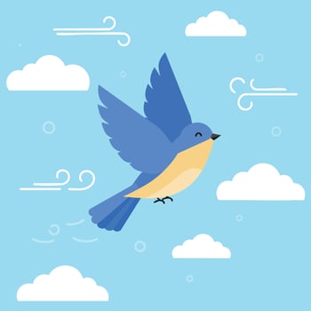 Blue bird flying in sky with white clouds and gentle wind illustration vector