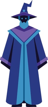 Wizard character in blue and purple robe with pointed hat magical fantasy illustration design vector