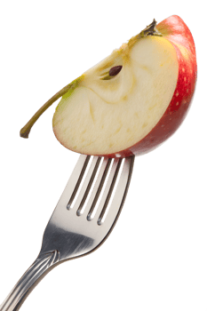 Apple slice on fork isolated on transparent background, fresh fruit snack, healthy eating concept png