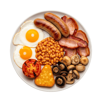 Full English Breakfast Plate Fried Eggs Bacon Sausages Beans Mushrooms png