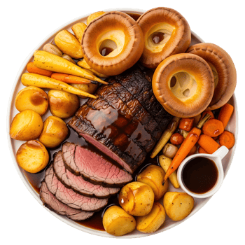Roasted Beef Slices Yorkshire Puddings Potatoes Carrots Gravy png