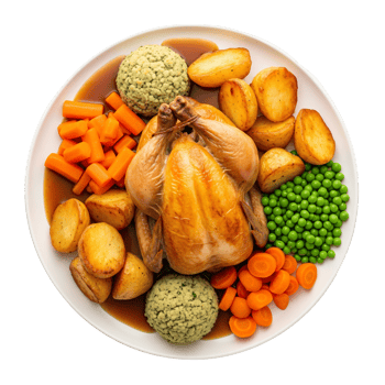Roasted Chicken Dinner Plate Potatoes Carrots Peas Stuffing Gravy png