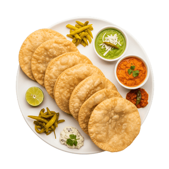 Golden Brown Fried Breads with Various Dips and Pickles png
