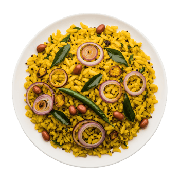 Yellow Poha Breakfast Dish with Red Onions Peanuts and Green Chili png