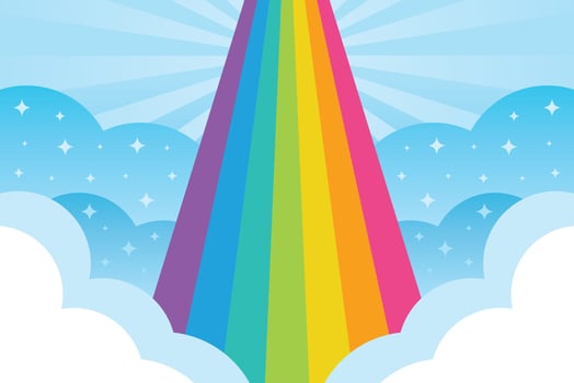 Rainbow with sunburst sky background. White and blue starry clouds. Magical color spectrum bridge. Cartoon fantasy concept. vector