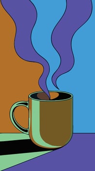 Stylized coffee cup with purple steam against vibrant, geometric backgrounds. vector
