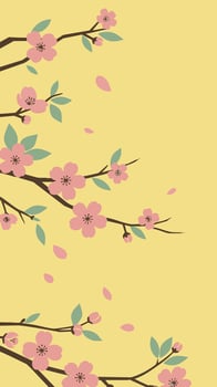 Delicate Pink Cherry Blossoms and Falling Petals on a Yellow Background. vector