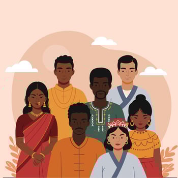 Diverse group of people in traditional clothing, representing global cultures and unity vector