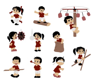 A lively illustration set of Indonesian children playing traditional Independence Day games, such as sack race, cracker-eating contest, and tug of war, for cultural events and festive designs. vector