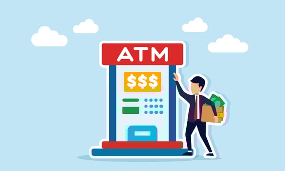 Businessman near ATM machine holding wallet full of money illustration of company business financial stability vector