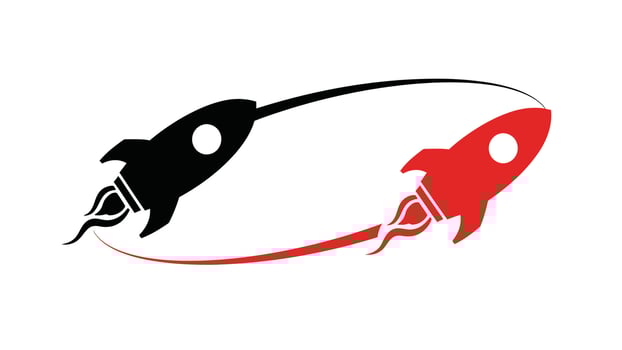 Two stylized rockets in contrasting colors connected by a curved trail. vector