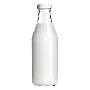 A clear glass bottle is fully filled with fresh white milk on transparent background png