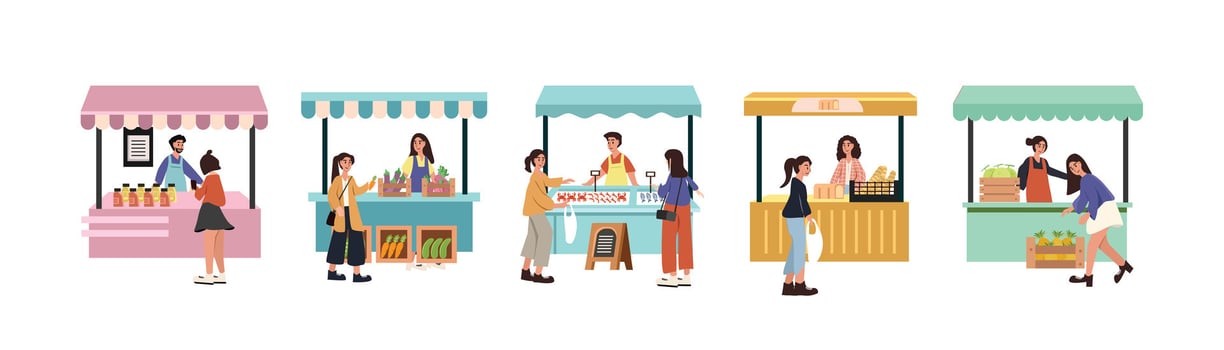 Stall collection. Set of food stall. Set of people buy street food. Fruit stand. Seafood stand. Farmer market. vector