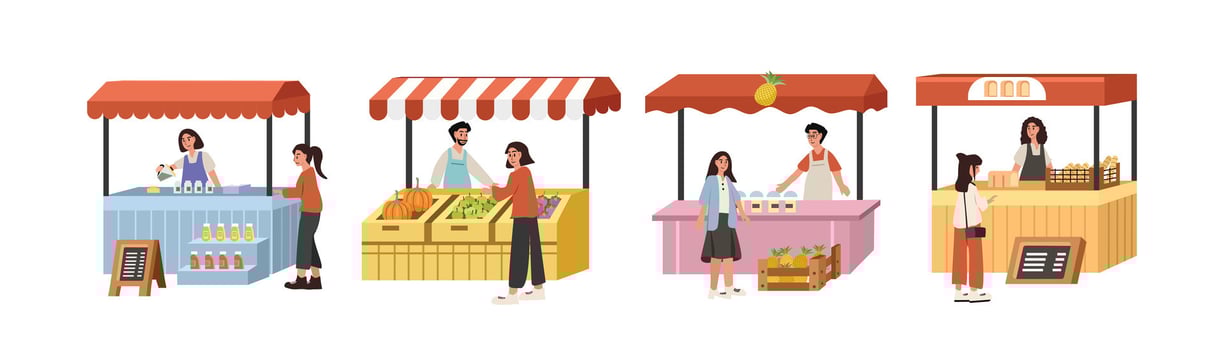 Set of stand food. Farmer market stall collection. Bread stall. Fruit stand. Juice drink stand. Stall set illustration. Bazaar. vector