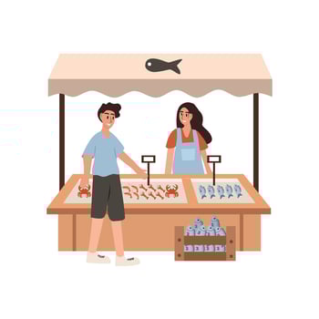 People in fish market illustration. Fish shop. Seafood market. Fresh food. vector