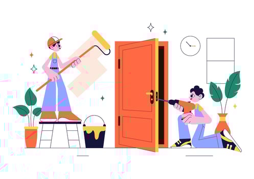 Cartoon Style of Home Remodeling and Repair Services with Working Team vector