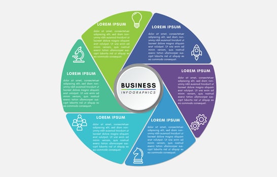 Strategic business infographic, circular data visualization with 6 steps or icons vector