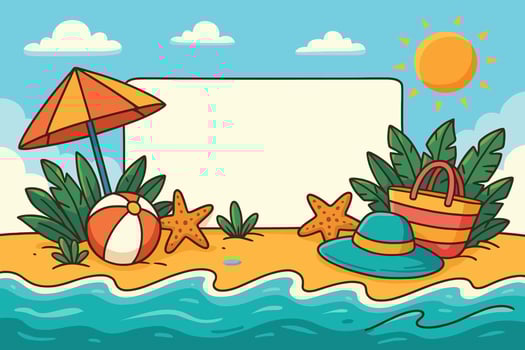 Summer Beach Scene with Umbrella, Ball, and Beach Accessories vector