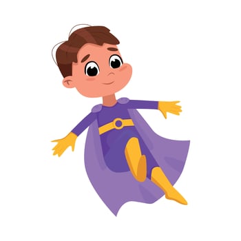 Cute Boy in Purple Superhero Costume, Adorable Kid Superhero Character Cartoon Style Illustration vector