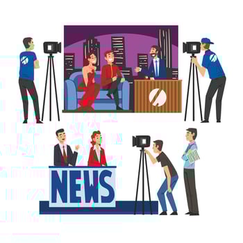 Television Industry Set, Talk Show with Celebrity Participants, TV News News Show Cartoon Style Illustration vector