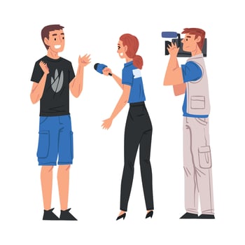 Woman Reporter with Microphone Interviewing Young Man, Cameraman Shooting with Camera, Television Industry Concept Cartoon Style Illustration vector
