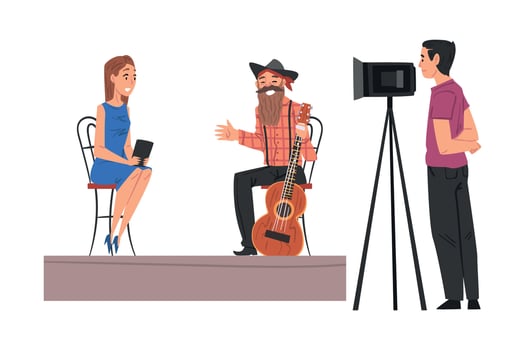 Journalist Taking Interview at Guest and Cameraman Looking Through Camcorder on Tripod in Studio, Television Industry Concept Cartoon Style Illustration vector