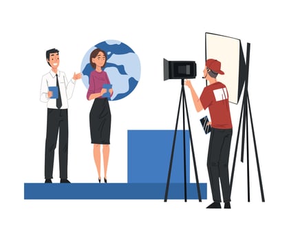 Television Industry, Presenters Broadcasting with Cameraman on Television, News, TV Show Studio Cartoon Style Illustration vector