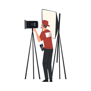 Cameraman Shooting with Professional Camera on Tripod, Television Industry Concept Cartoon Style Illustration vector