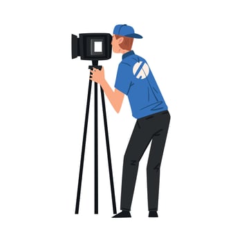 Male Cameraman Shooting with Camera on Tripod, Television Industry Concept Cartoon Style Illustration vector