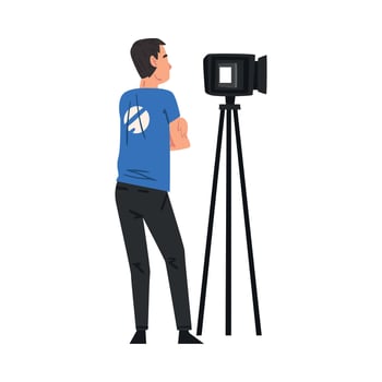 Male Operator Looking Through Professional Camcorder on Tripod, Television Industry Concept Cartoon Style Illustration vector