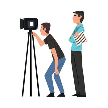 M Cameraman Shooting with Camera on Tripod, Anchorman Standing Next to Him, Television Industry Concept Cartoon Style Illustration vector