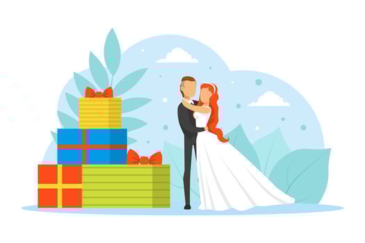 Romantic Just Married Couple, Tiny Bride and Groom Characters Standing beside Huge Gift Boxes Flat Illustration vector
