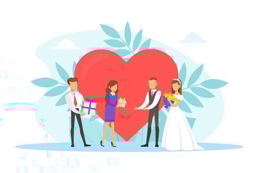 Romantic Couple of Newlyweds, Guests Giving Gifts to Just Married Bride and Croom Flat Illustration vector