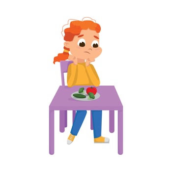 Cute Boy Sitting at Table and Eating Vegetables, Child Refusing to Eat Healthy Food Cartoon Style Illustration vector