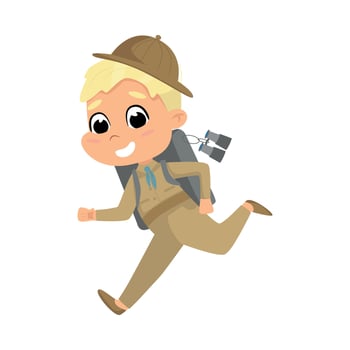 Scout Boy Running with Backpack, Cute Scouting Elementary School Child Character in Uniform, Summer Holiday Activities Concept Cartoon Style Illustration vector