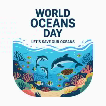 World Oceans Day Dolphins Fish Marine Wildlife Celebration Ocean Awareness Art vector
