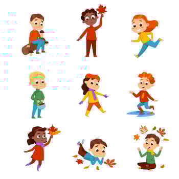 Cute Kids Walking Outdoors Wearing Warm Clothes Set, Autumn Season Outdoor Activities Cartoon Style Illustration vector