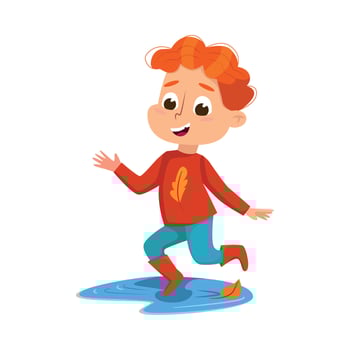 Cute Boy Jumping in Puddle Wearing Rubber Boots, Happy Kid Playing Outdoors in Autumn Cartoon Style Illustration vector