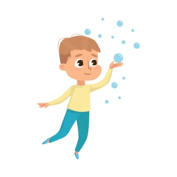 Cute Little Boy Playing with Soap Bubbles, Kids Leisure, Outdoor Hobby Game Cartoon Style Illustration vector