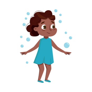 Cute African American Girl Playing with Soap Bubbles, Kids Leisure, Outdoor Hobby Game Cartoon Style Illustration vector